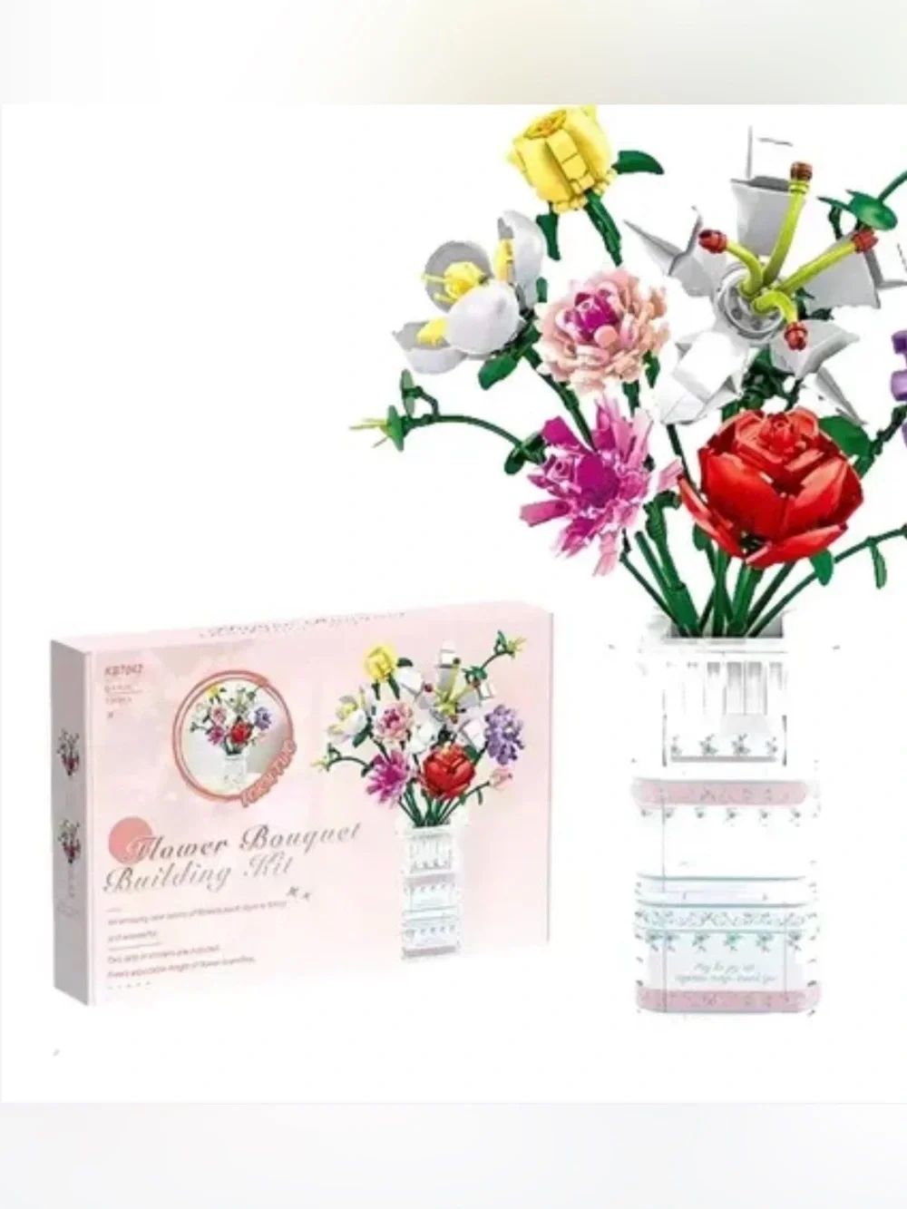Adult KB7042 White Vase Bouquet Building Kit with Multicolor Blooms 730 Pieces